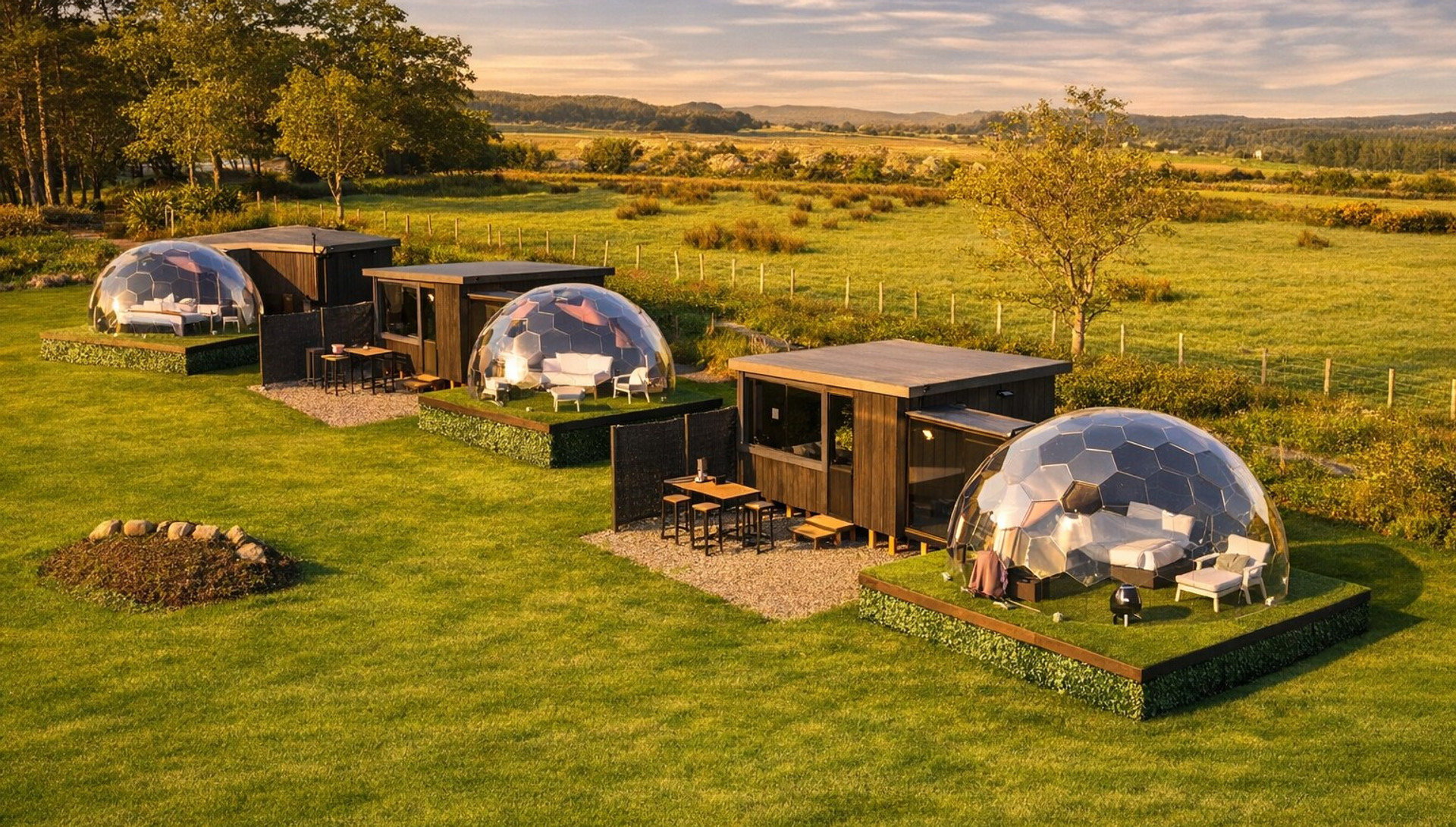 Aerial view of the Boutique Domes site on the North Coast of Northern Ireland