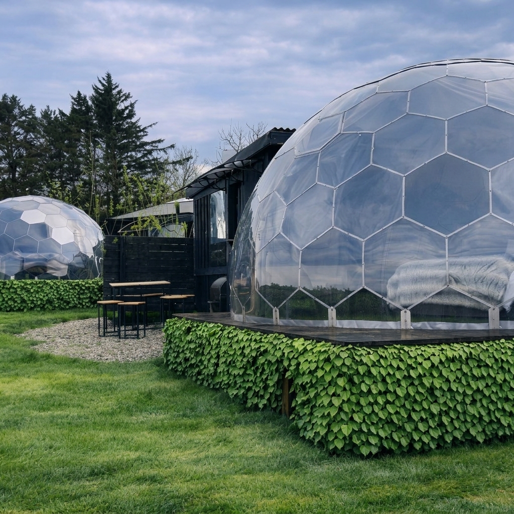 Mirrored glamping dome with private hot tub on the North Coast