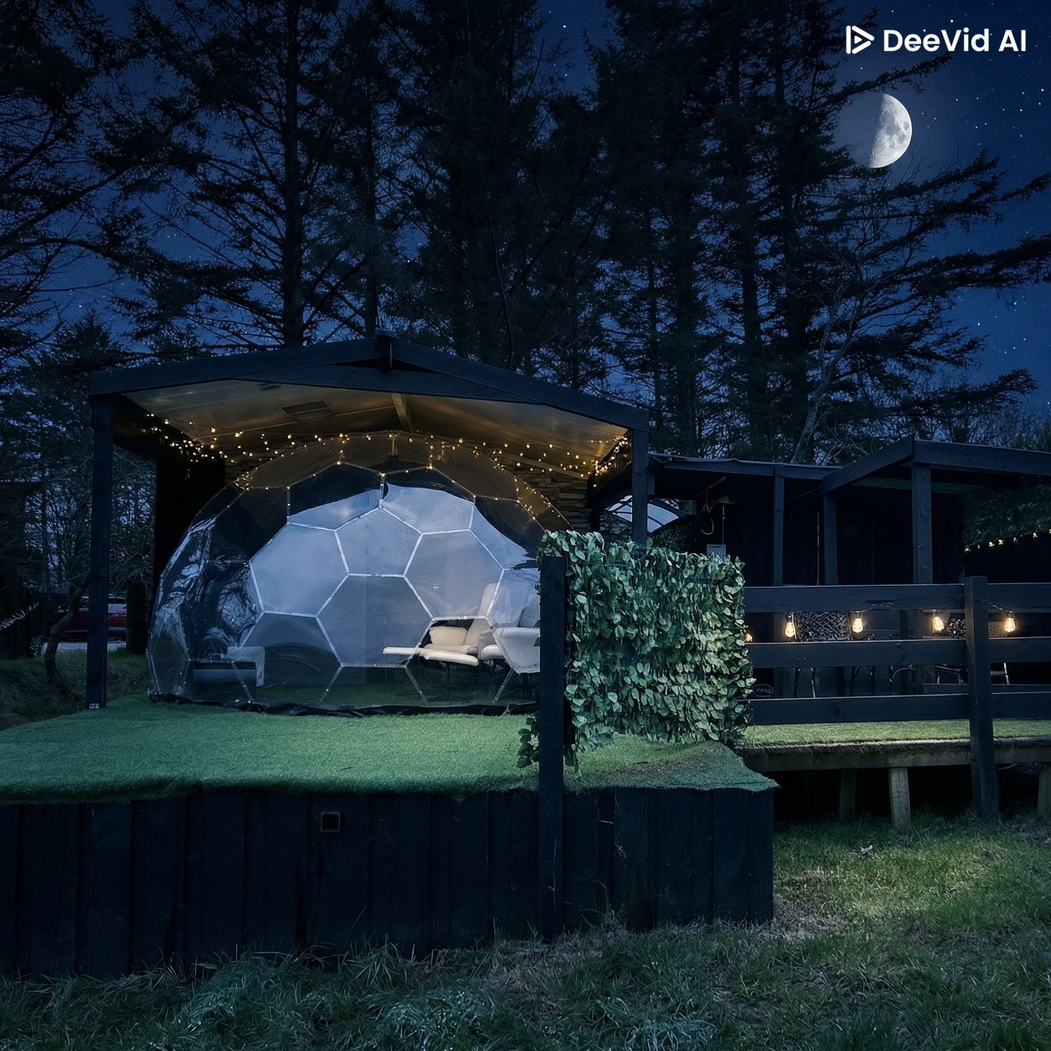 A dome glowing under fairy lights on a moonlit night