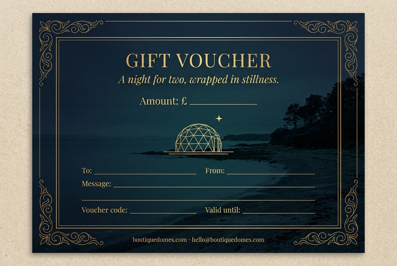 Boutique Domes gift voucher — One night £245, Two nights £490.